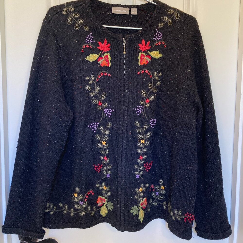 Croft & Barrow Black Embroidered Cardigan, Women’s XL – Zip Front